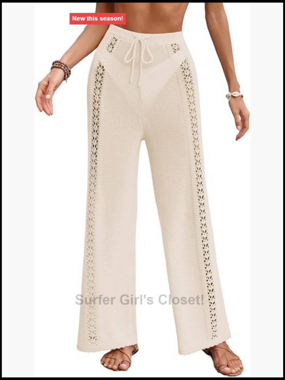 Crochet Knit Elastic Waist Beach Pant Loose Fit Cover Up Straight Leg